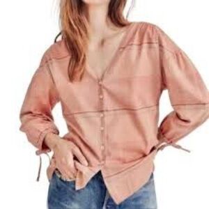 M MADEWELL Morningview Tie Sleeve Shirt Top Peach Plaid Sz Medium 100% Cotton